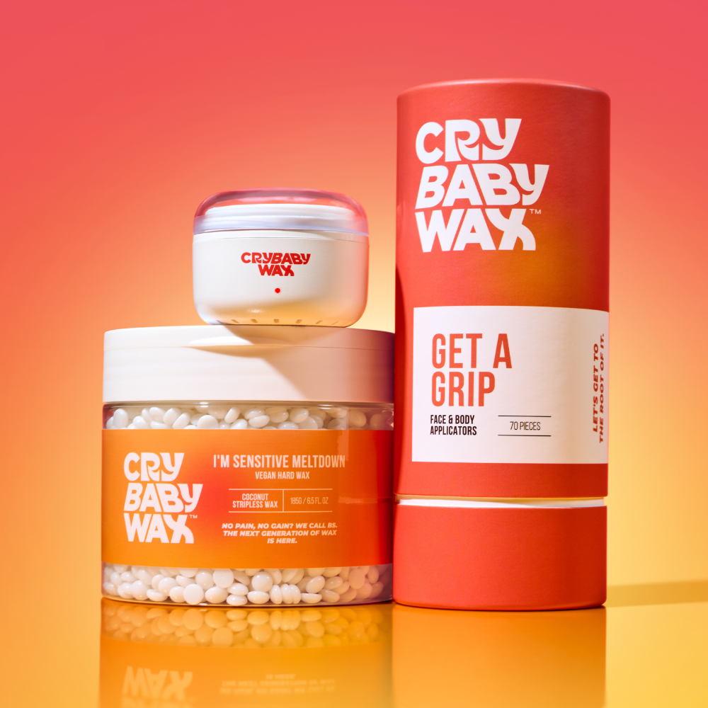 Crybaby Wax Mini Meltdown Set with I'm Sensitive Meltdown vegan hard wax and the Mini Meltdown Machine warmer for upper lip and brow waxing