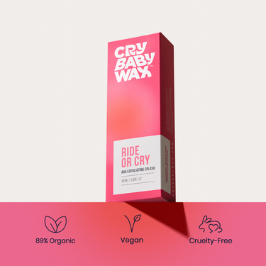 Ride or Cry AHA Exfoliating Splash box in pink packaging, 89% organic, vegan, and cruelty-free pre-wax treatment