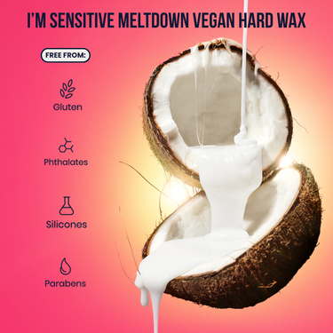I'm Sensitive Meltdown vegan hard wax, free from gluten, phthalates, silicones, and parabens, coconut-scented
