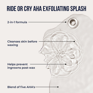 Ride or Cry AHA exfoliating splash benefits: a 2-in-1 blend of five AHAs that cleanses before waxing and helps prevent ingrowns