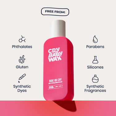 Ride or Cry AHA exfoliating splash, free from parabens, gluten, silicones, and synthetic dyes