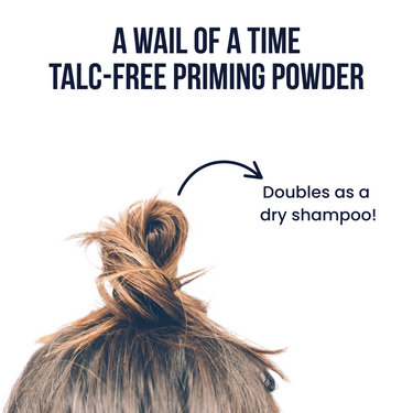 A Wail of a Time talc-free priming powder worked into the hair roots, doubling as an oil-absorbing dry shampoo