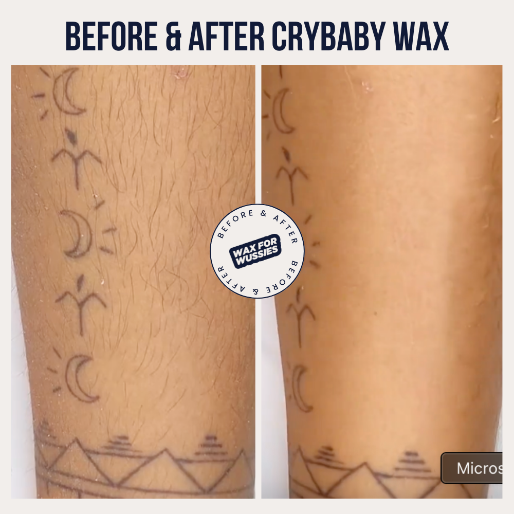 Before and after at-home Brazilian waxing with Crybaby Wax, cruelty-free vegan hard wax for smooth bikini-line results