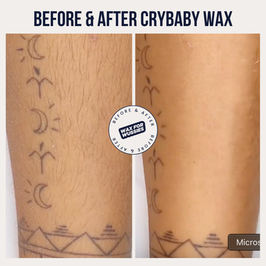 Before and after Crybaby Wax on the leg, coarse hair removed for smooth, hair-free skin
