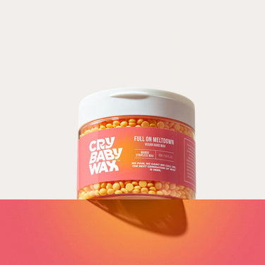 Full On Meltdown mango vegan hard wax beads in a jar by Crybaby Wax, rosin-free for at-home waxing
