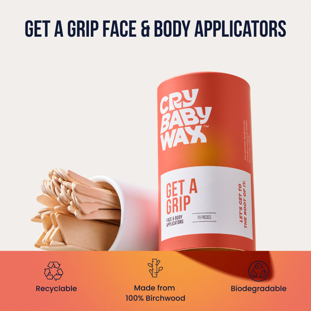 Get a Grip wooden wax applicators in face precision, body, and bikini sizes for Crybaby hard wax