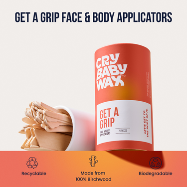 Get a Grip wooden wax applicators in face precision, body, and bikini sizes for Crybaby hard wax