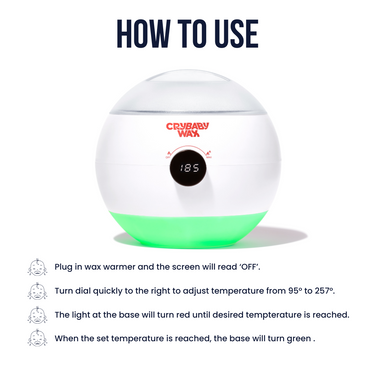 How to use The Meltdown Machine wax warmer: set the temperature dial and wait for the green ready light