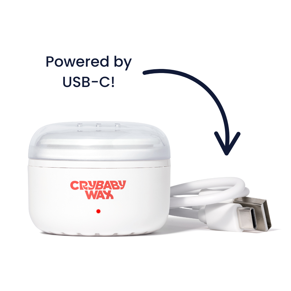 Mini Meltdown Machine with melted Crybaby vegan hard wax, professional-grade formula for less painful at-home waxing