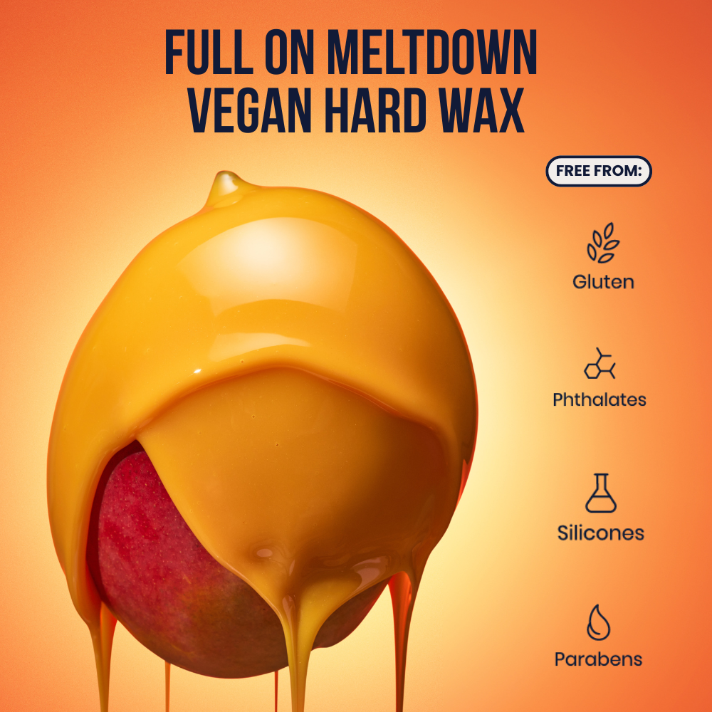 Vegan hard wax being applied to a red surface with 'Full on Meltdown' branding and ingredient free information on an orange background.