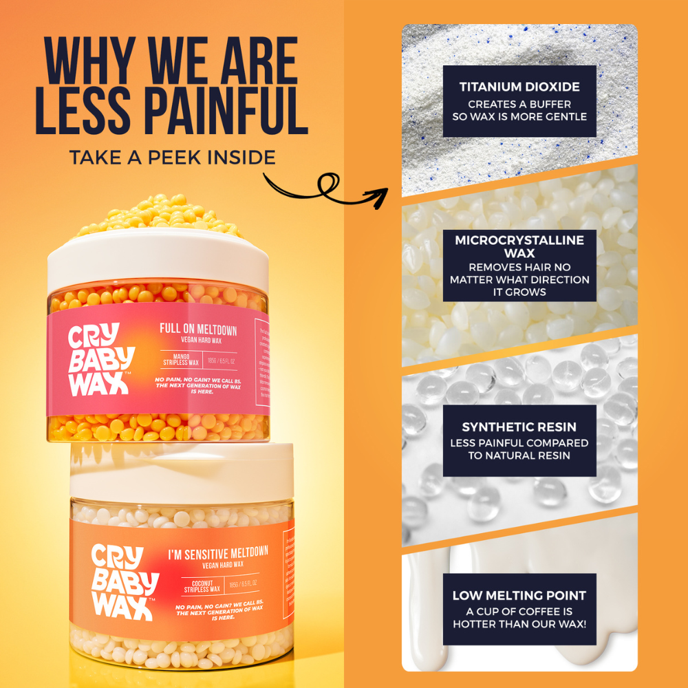 Why Crybaby vegan hard wax is less painful than drugstore wax: rosin-free, fragrance-free formula that grips coarse PCOS chin hair without sticking to or stripping skin