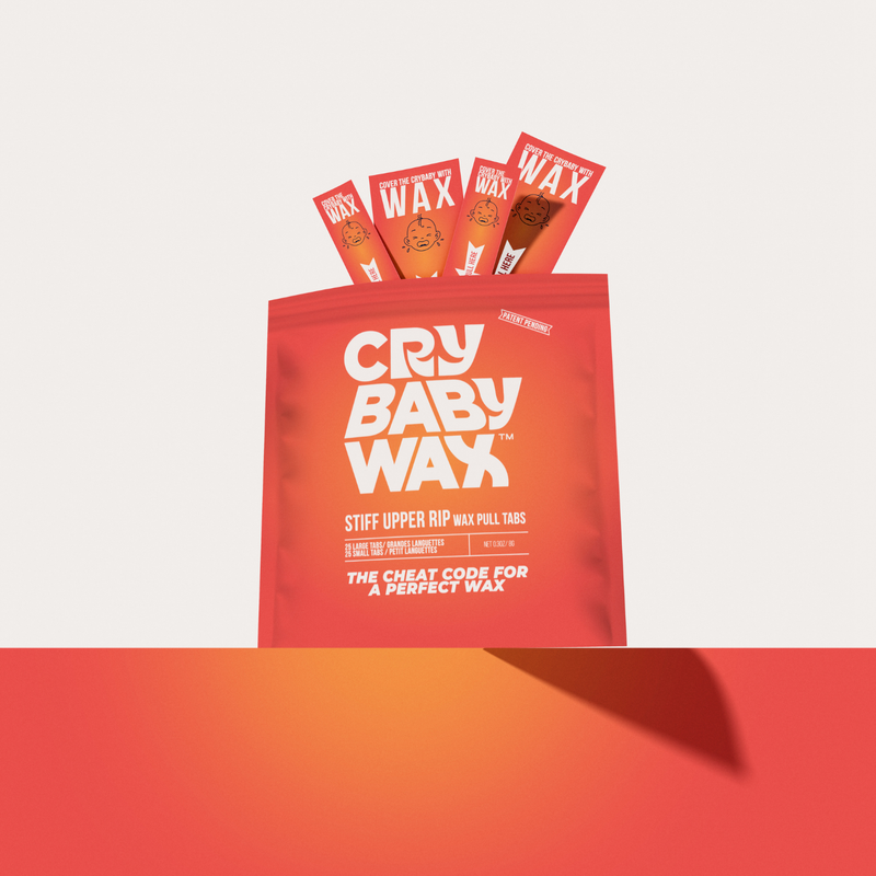 Stiff Upper Rip wax pull tabs and Crybaby Wax bag on a gradient background, patented biodegradable handle tabs for cleaner hard wax removal