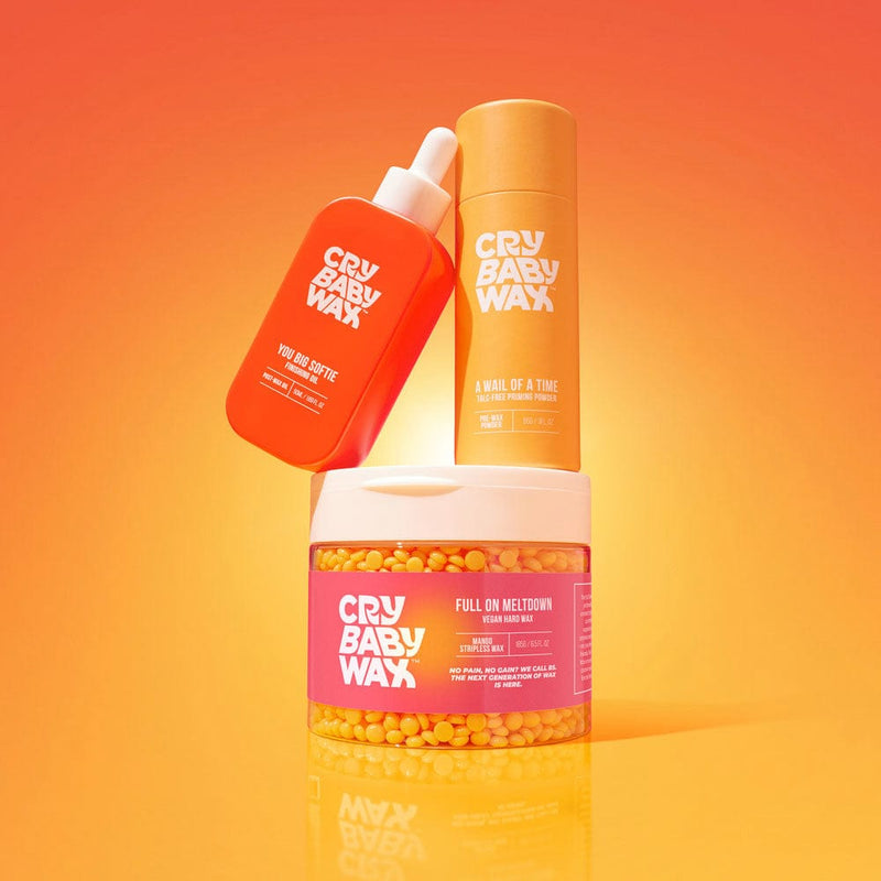 Below The Belt Bundle for at-home Brazilian and full-body waxing with Full On Meltdown hard wax, A Wail of a Time priming powder, and You Big Softie finishing oil