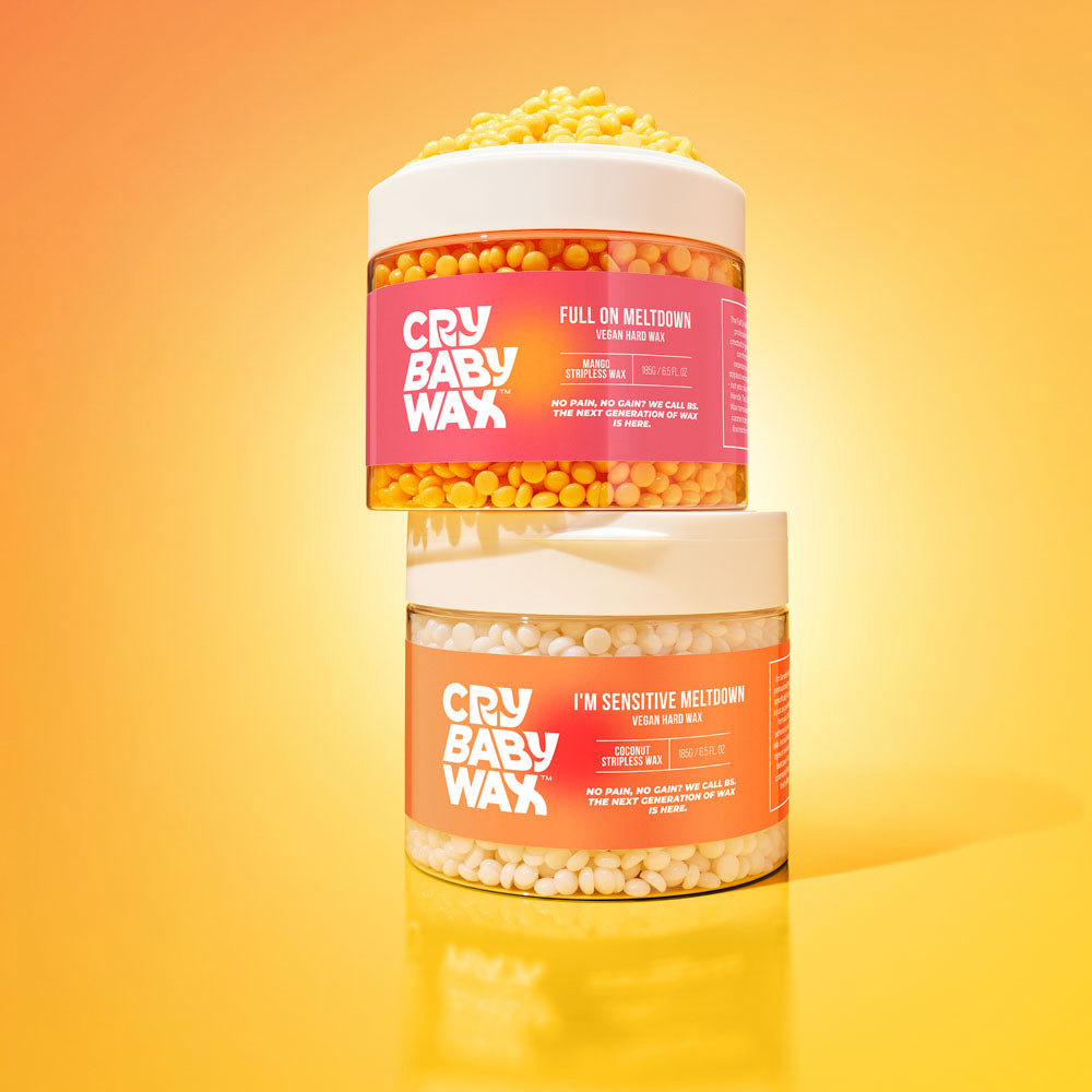 Crybaby Wax Meltdown collection of vegan hard wax jars in mango and coconut scents for at-home waxing