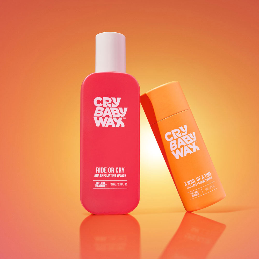 Ride or Cry AHA Exfoliating Splash and A Wail of a Time priming powder grouped for pre-wax skin prep