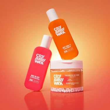 Crybaby PCOS Facial Hair Kit: I'm Sensitive Meltdown vegan rosin-free hard wax, Ride or Cry AHA exfoliating splash, and Just Cool It calming mango gel for chin and upper-lip waxing