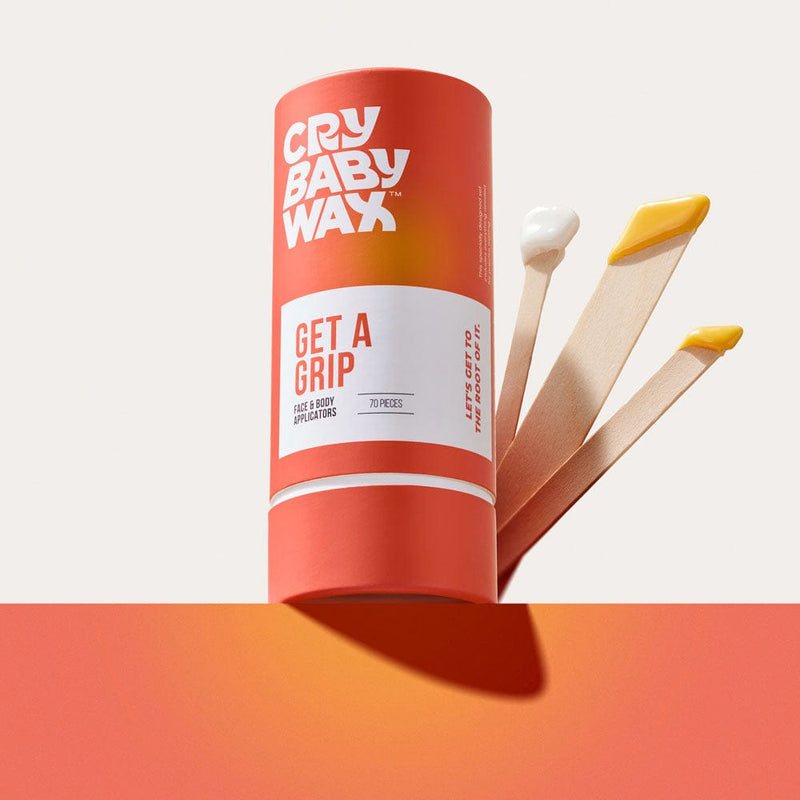 Get a Grip 70-pack wooden wax applicators in face precision, body, and bikini sizes for Crybaby hard wax