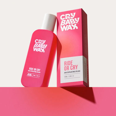 Ride or Cry AHA Exfoliating Splash bottle with five alpha hydroxy acids and aloe to prevent ingrown hairs after waxing