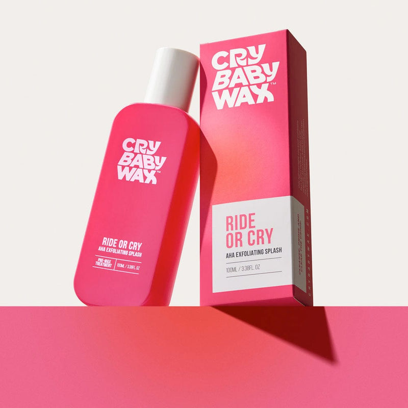 Ride or Cry AHA Exfoliating Splash bottle with five alpha hydroxy acids and aloe to prevent ingrown hairs after waxing